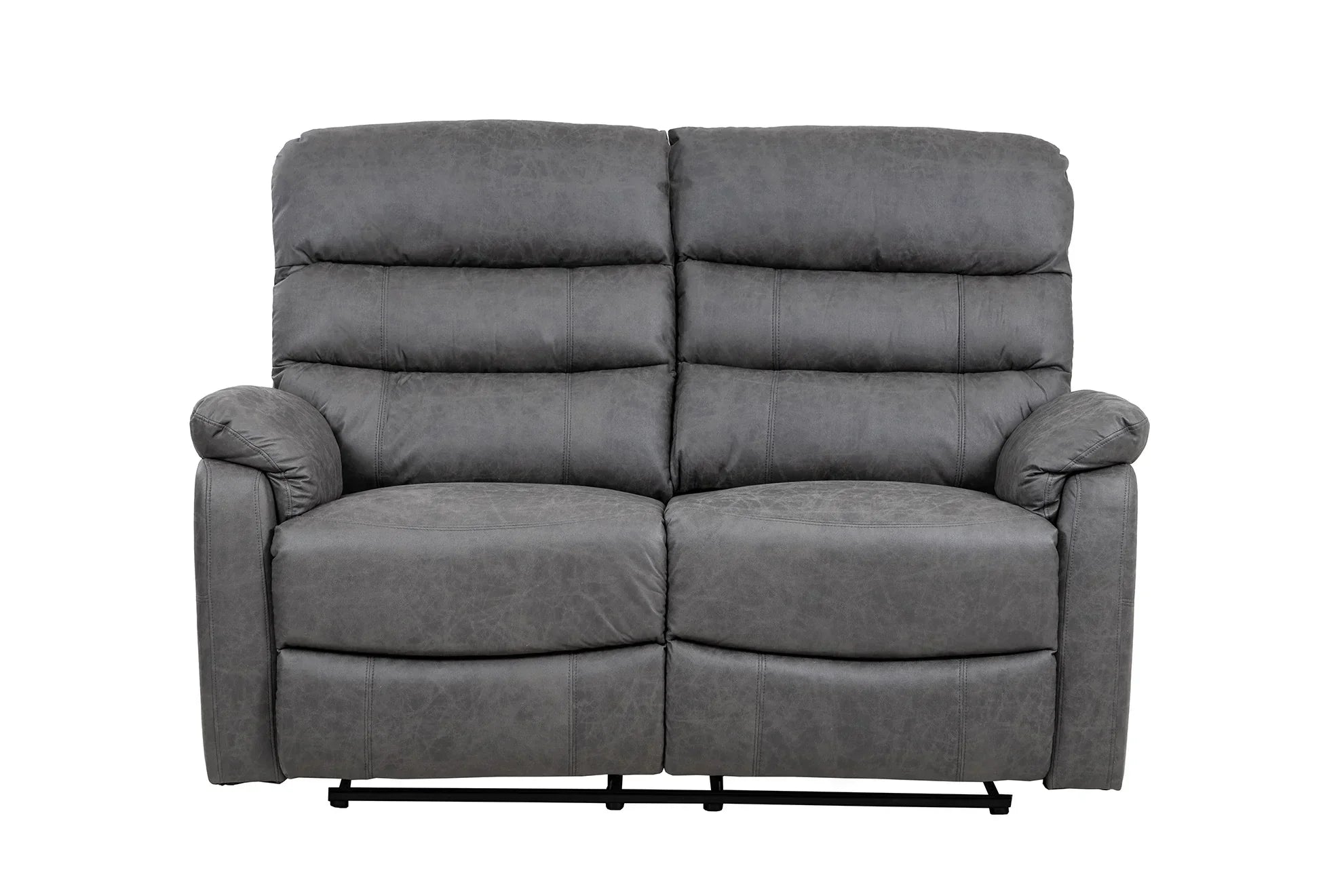 Grey fabric reclining two seater sofa with padded arms and high backrest, front view
