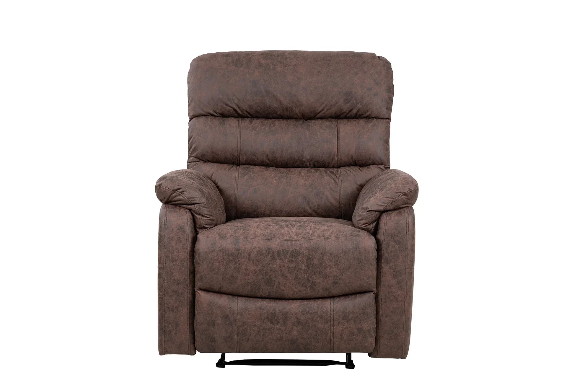 Brown leather recliner armchair with padded backrest and armrests, front facing view