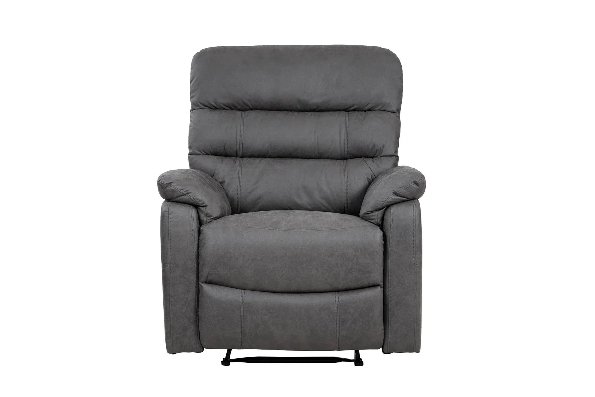 Grey fabric recliner chair with padded seat and arms, front view