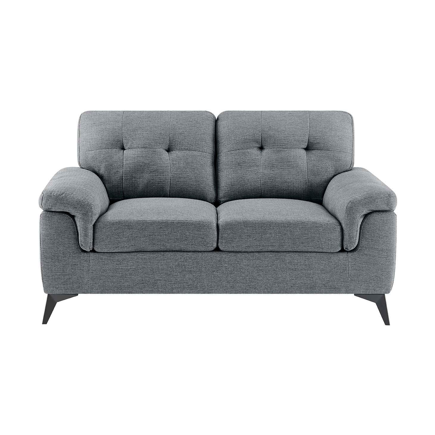 Grey fabric two seater sofa with tufted backrest and angled black legs, front view