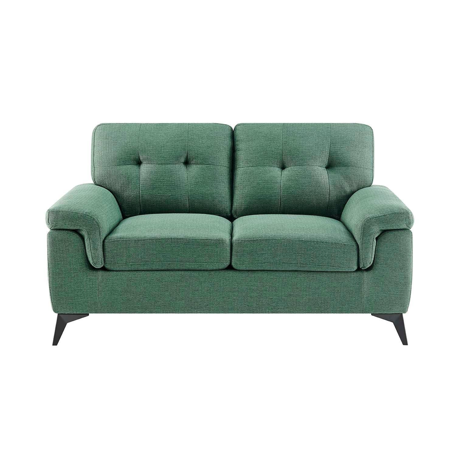 Green fabric sofa with tufted backrest and angled black legs, front view