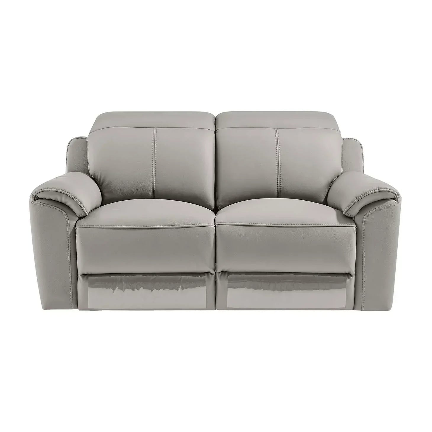 Grey leather recliner sofa with padded armrests and stitching, front view