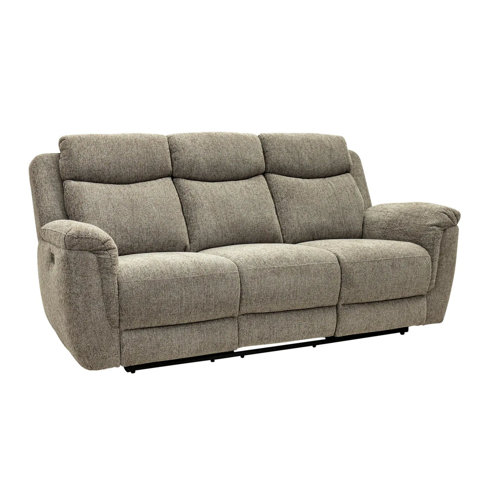 A three-seat upholstered reclining loveseat sofa in a textured taupe-gray fabric, shown from a three-quarter angle on a plain white background.