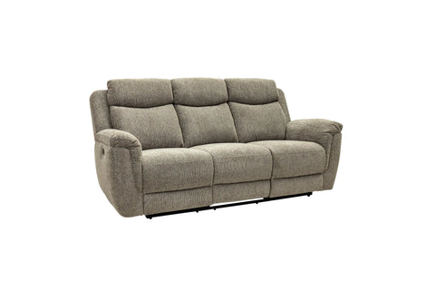 A three-seat upholstered reclining loveseat sofa in a textured taupe-gray fabric, shown from a three-quarter angle on a plain white background.