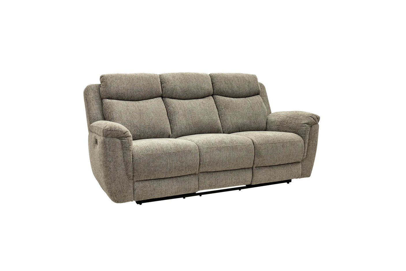 A three-seat upholstered reclining loveseat sofa in a textured taupe-gray fabric, shown from a three-quarter angle on a plain white background.