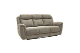 A three-seat upholstered reclining loveseat sofa in a textured taupe-gray fabric, shown from a three-quarter angle on a plain white background.