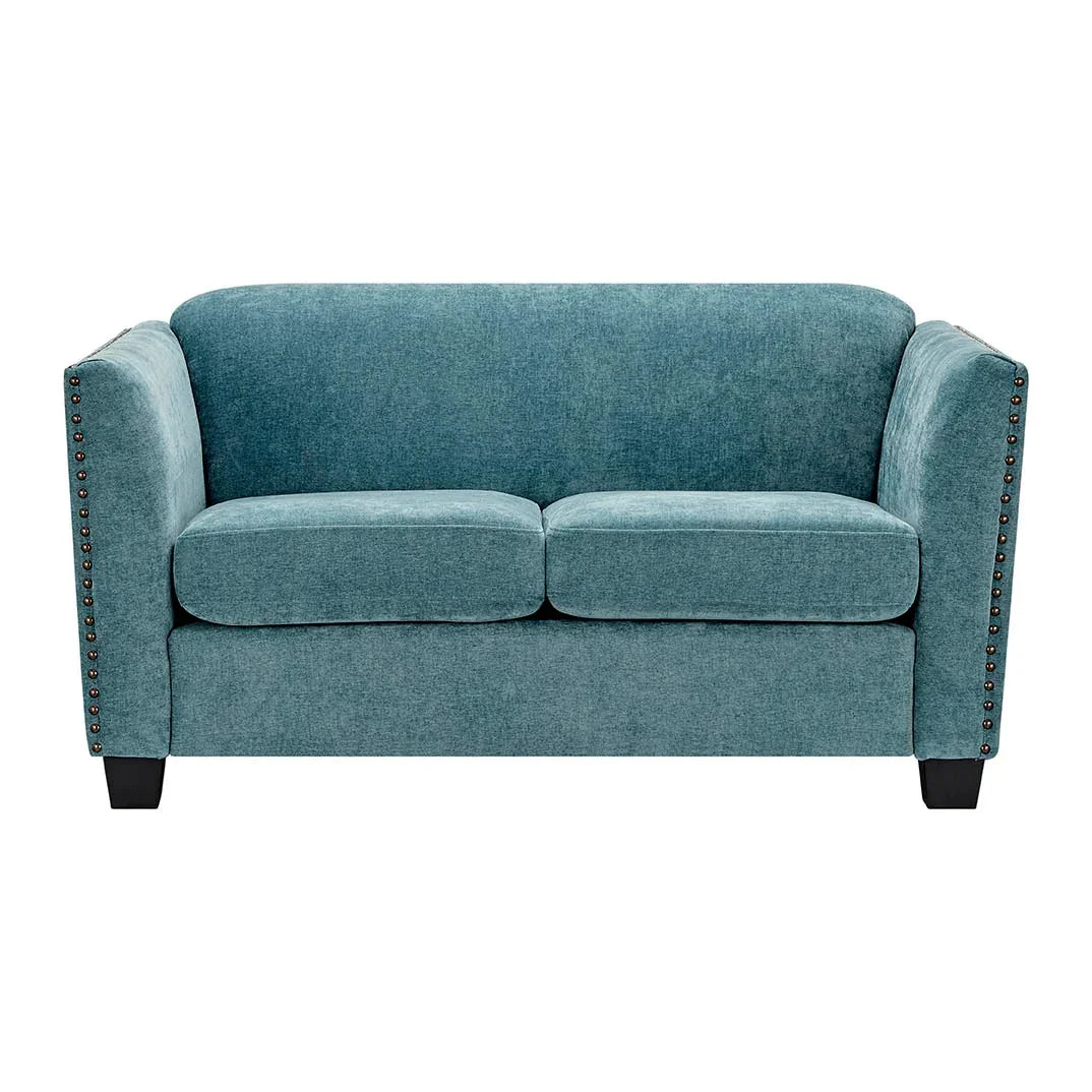 Teal fabric two-seater sofa with nailhead trim and dark wood legs, front view