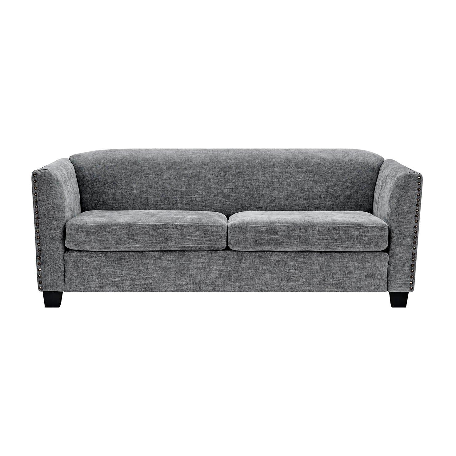 Grey fabric sofa with two seat cushions and studded arms, front view