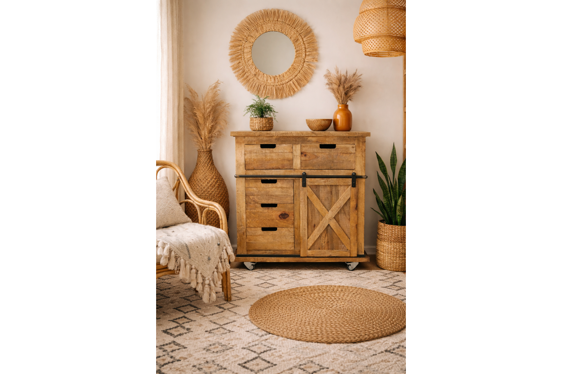 The rustic cabinet features a natural wood finish, multiple drawers, a sliding door with an X design, and is set on wheels for easy mobility