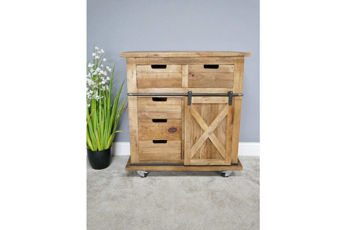This rustic cabinet features a natural wood finish, multiple drawers, and a sliding barn door design, making it a stylish and functional storage solution
