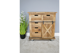 This rustic cabinet features a natural wood finish, multiple drawers, and a sliding barn door design, making it a stylish and functional storage solution