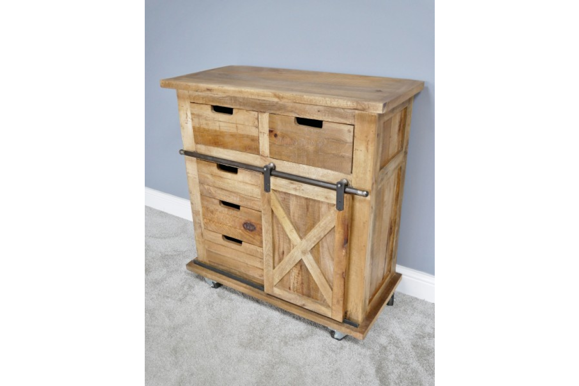 This rustic cabinet features a natural wood finish, two top drawers, four lower drawers, and a sliding barn door design for stylish storage solutions