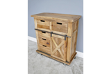 This rustic cabinet features a natural wood finish, two top drawers, four lower drawers, and a sliding barn door design for stylish storage solutions