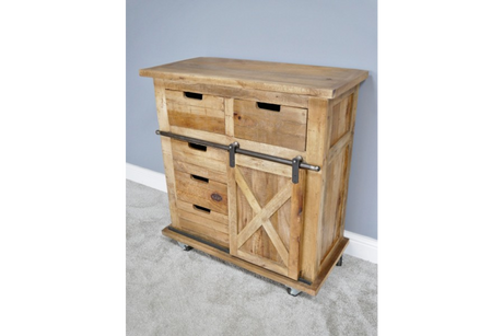 This rustic cabinet features a natural wood finish, two top drawers, four lower drawers, and a sliding barn door design for stylish storage solutions