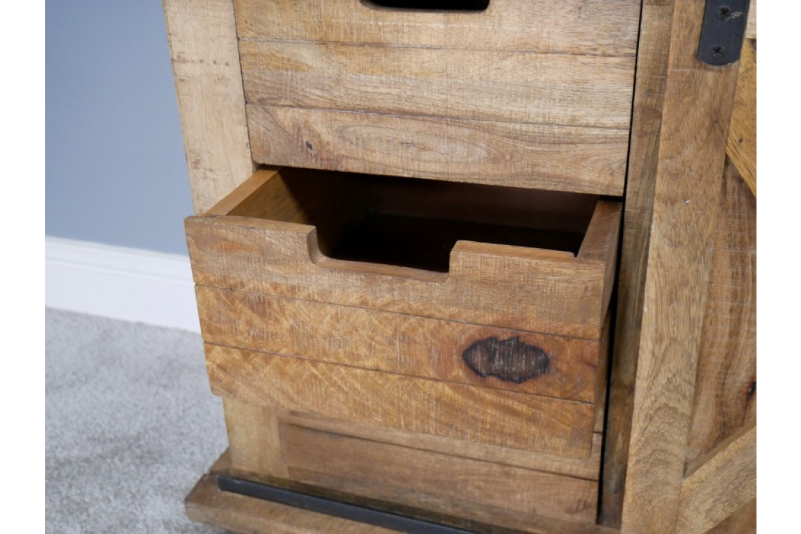 The rustic cabinet features a natural wood finish with visible grain patterns, a spacious drawer, and a sturdy design that adds charm to any room
