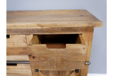 The rustic cabinet features a natural wood finish, showcasing a spacious top surface and an open drawer, perfect for storage and adding charm to any room