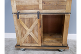 This rustic cabinet features a wooden design with a sliding barn door, showcasing a spacious interior and a sturdy base on wheels for easy mobility