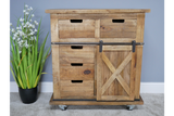 This rustic cabinet features a natural wood finish, multiple drawers, and a sliding barn door design, perfect for adding charm and storage to any space
