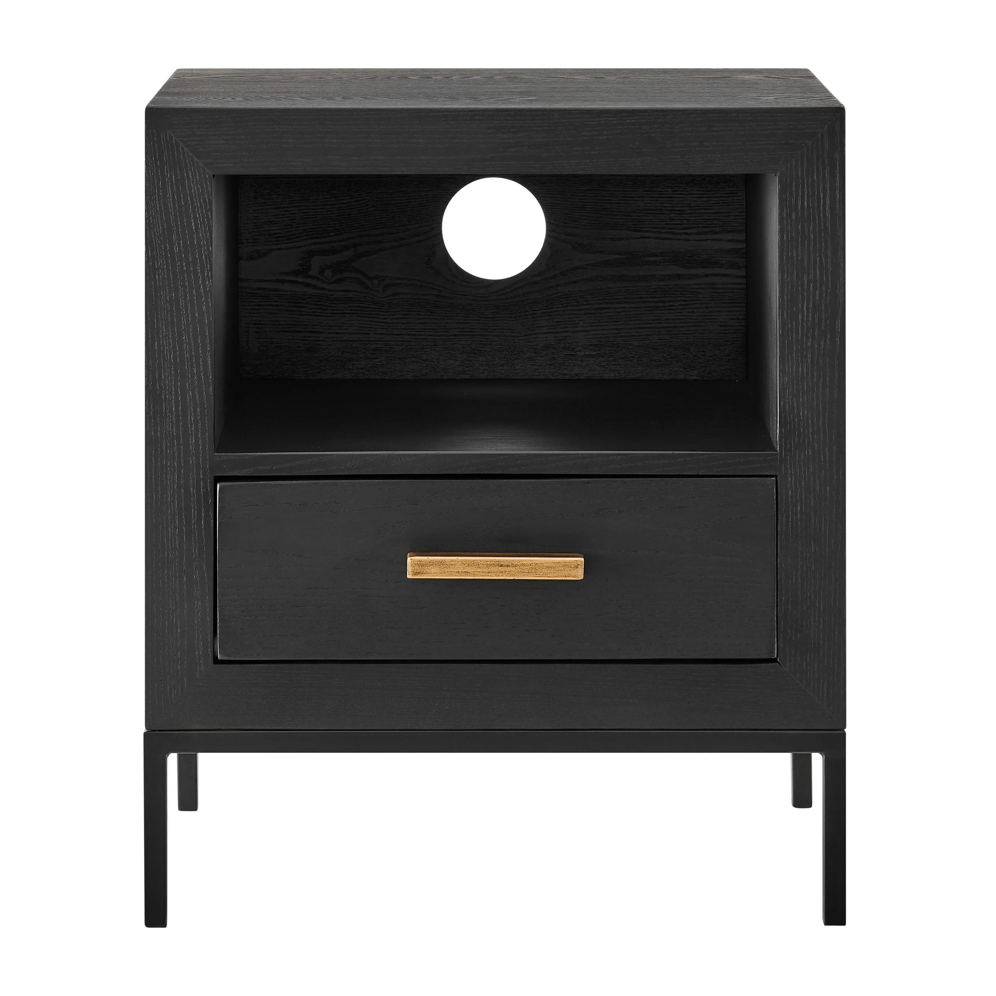 Black bedside table with gold handle, drawer, open shelf and cable cut-out hole