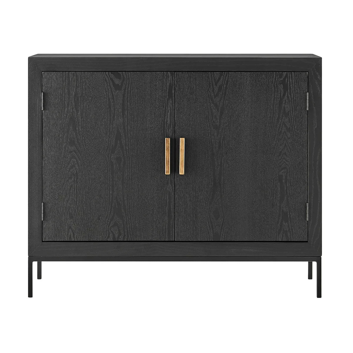Black wood sideboard cabinet with gold handles and slim metal legs