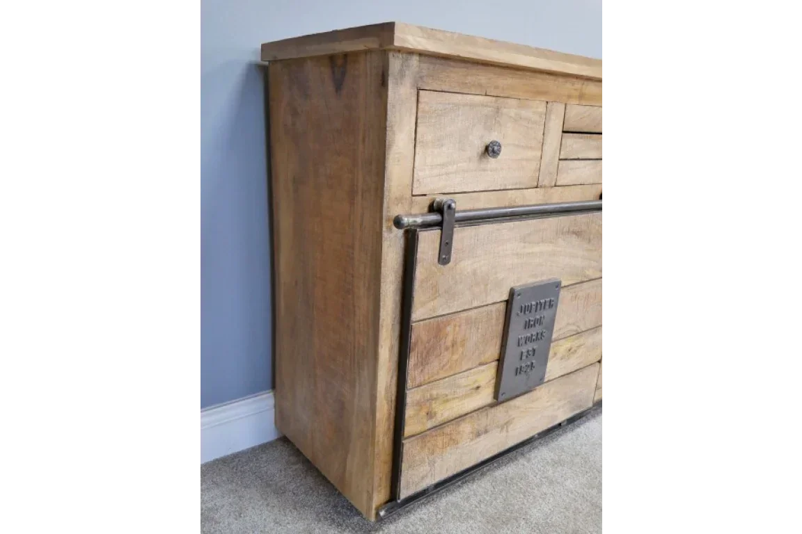 Industrial style wooden sideboard with metal handle and sliding barn door