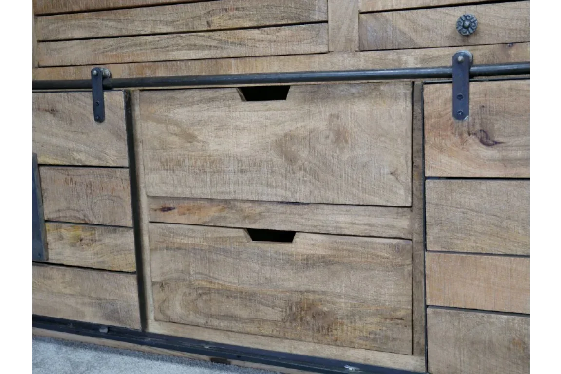 Rustic wood sideboard with metal rail and sliding drawers, natural grain finish