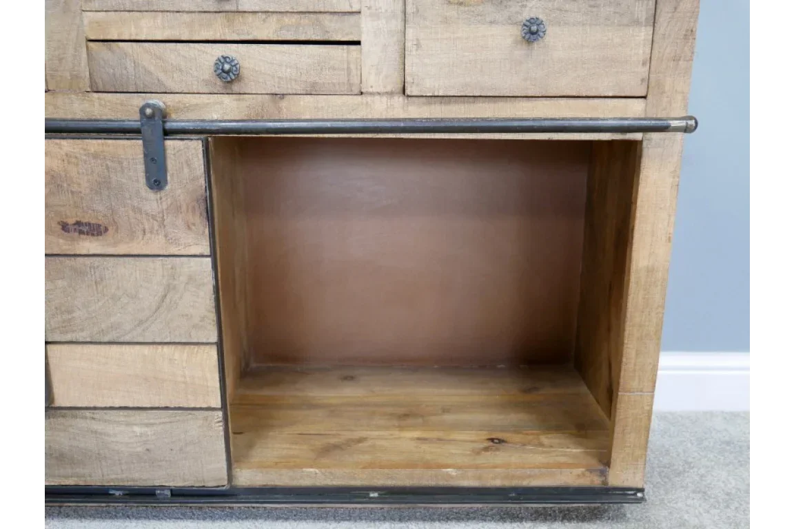 Rustic wood sideboard open shelf with metal sliding rail and textured drawers