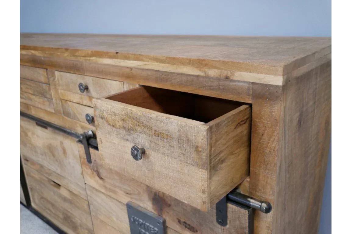 Natural finish wooden sideboard with open drawer and metal handles