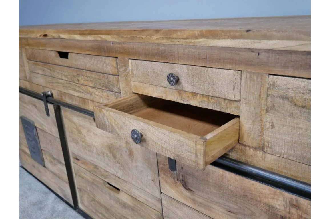 Rustic wood sideboard with open drawer, metal knob and sliding cabinet feature