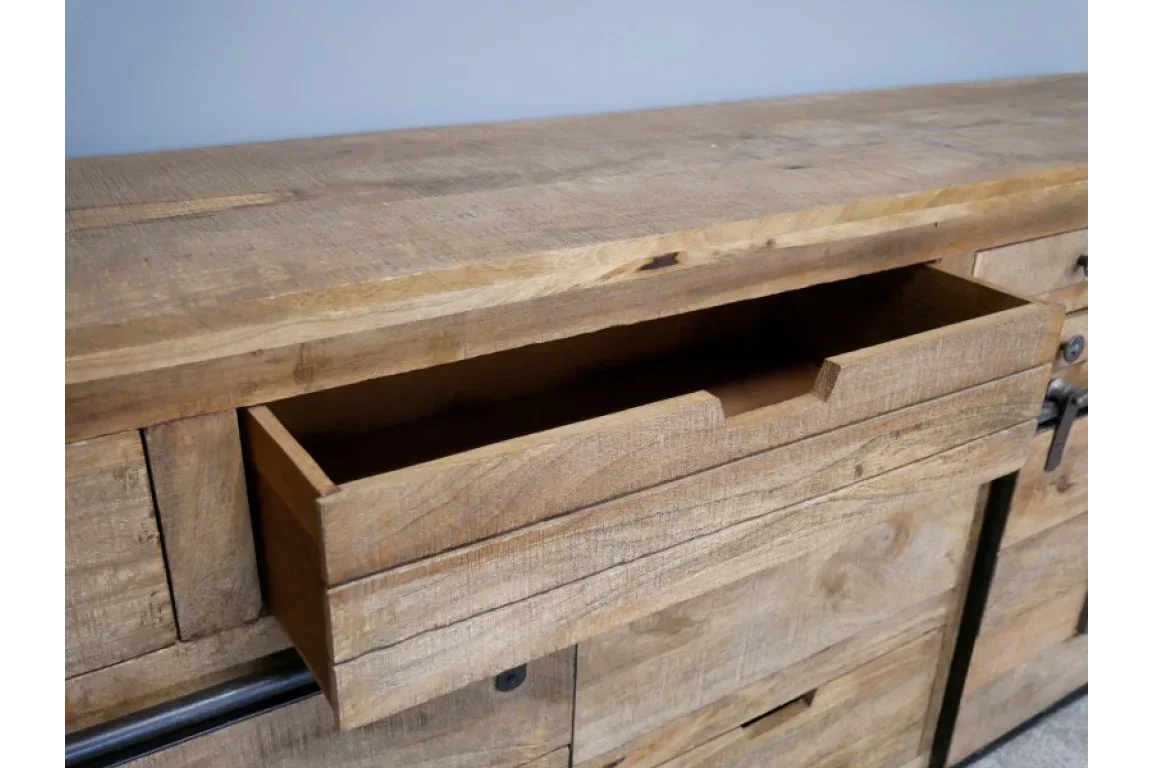 Rustic wooden sideboard with an open drawer, natural finish, close-up view
