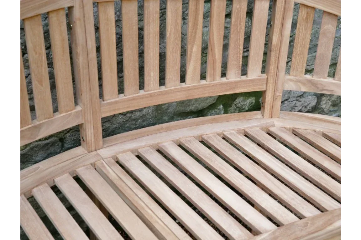 Curved wooden garden bench with slatted seat and vertical slat back detail