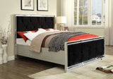 Contemporary upholstered bed with black tufted headboard and footboard in stylish bedroom