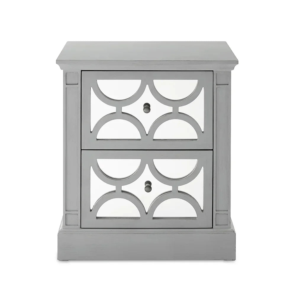 Grey mirrored bedside table with two drawers and geometric pattern front view