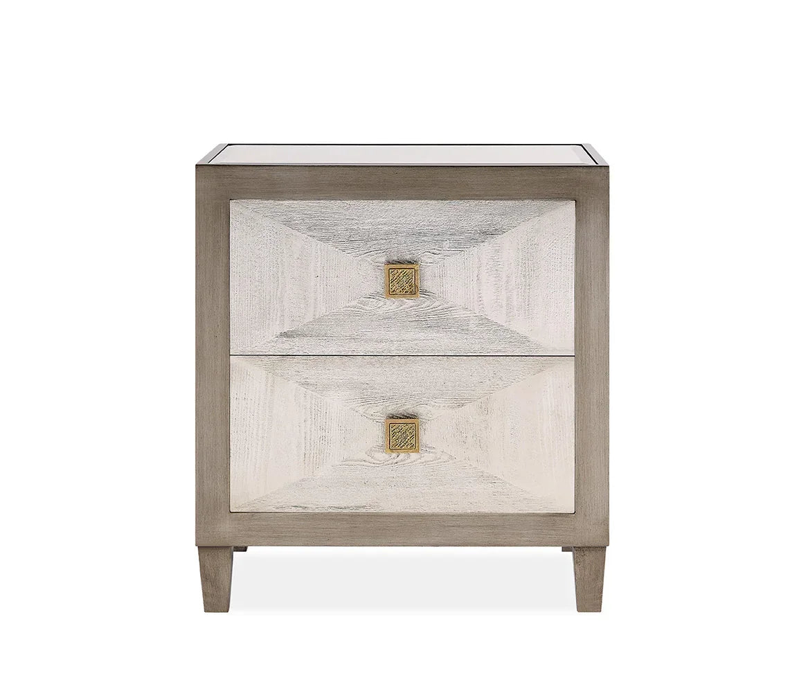 Two drawer bedside table with square brass handles and light wood finish, front view