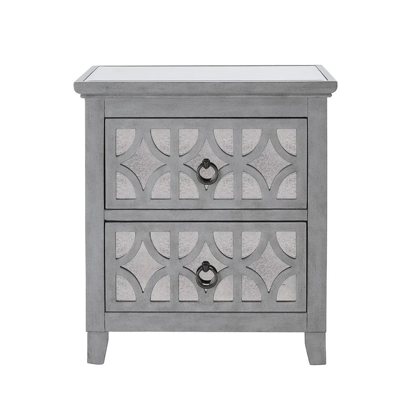 Grey mirrored bedside table with two decorative drawers and geometric ring handles