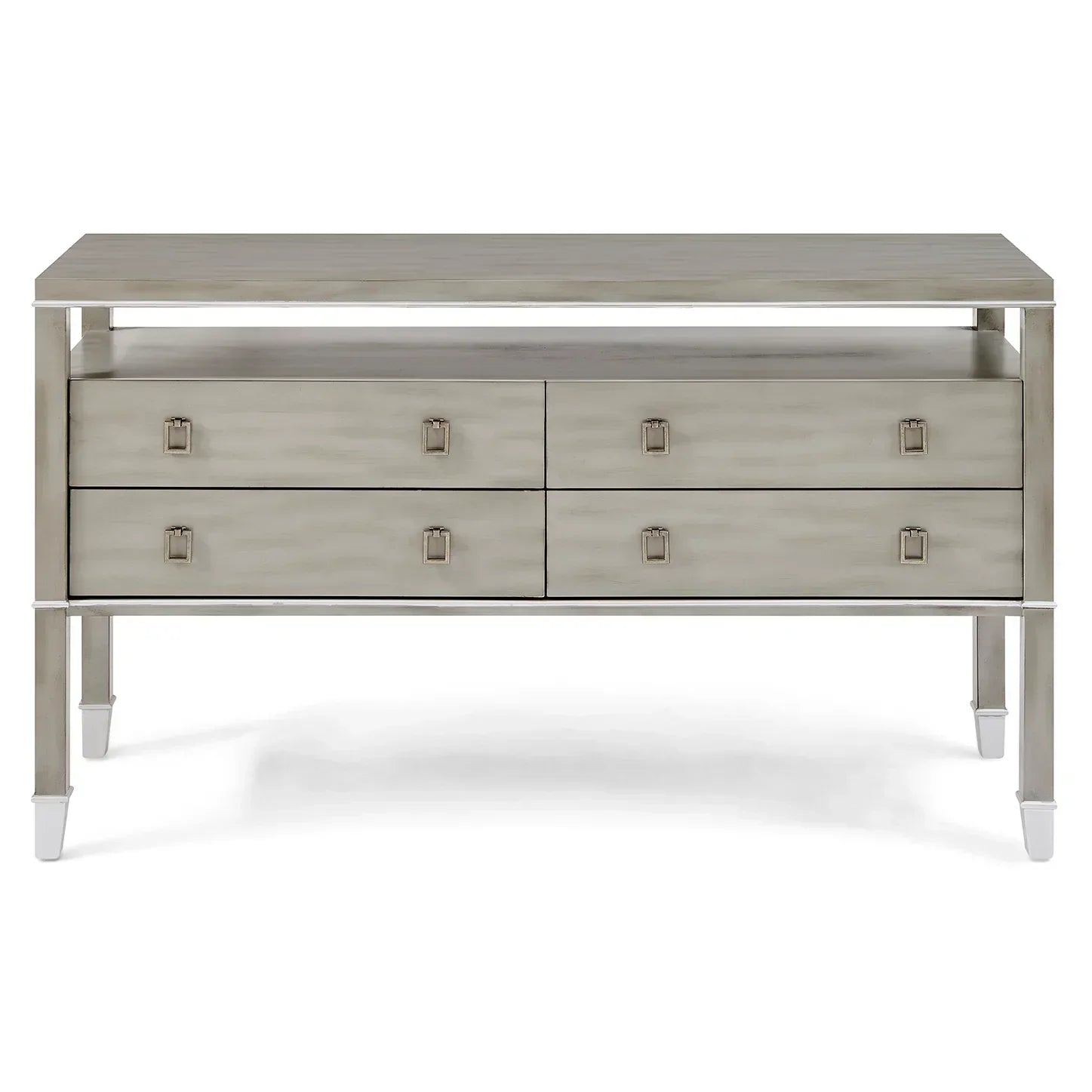 Light grey wooden sideboard with four drawers and metal handles, seen from the front