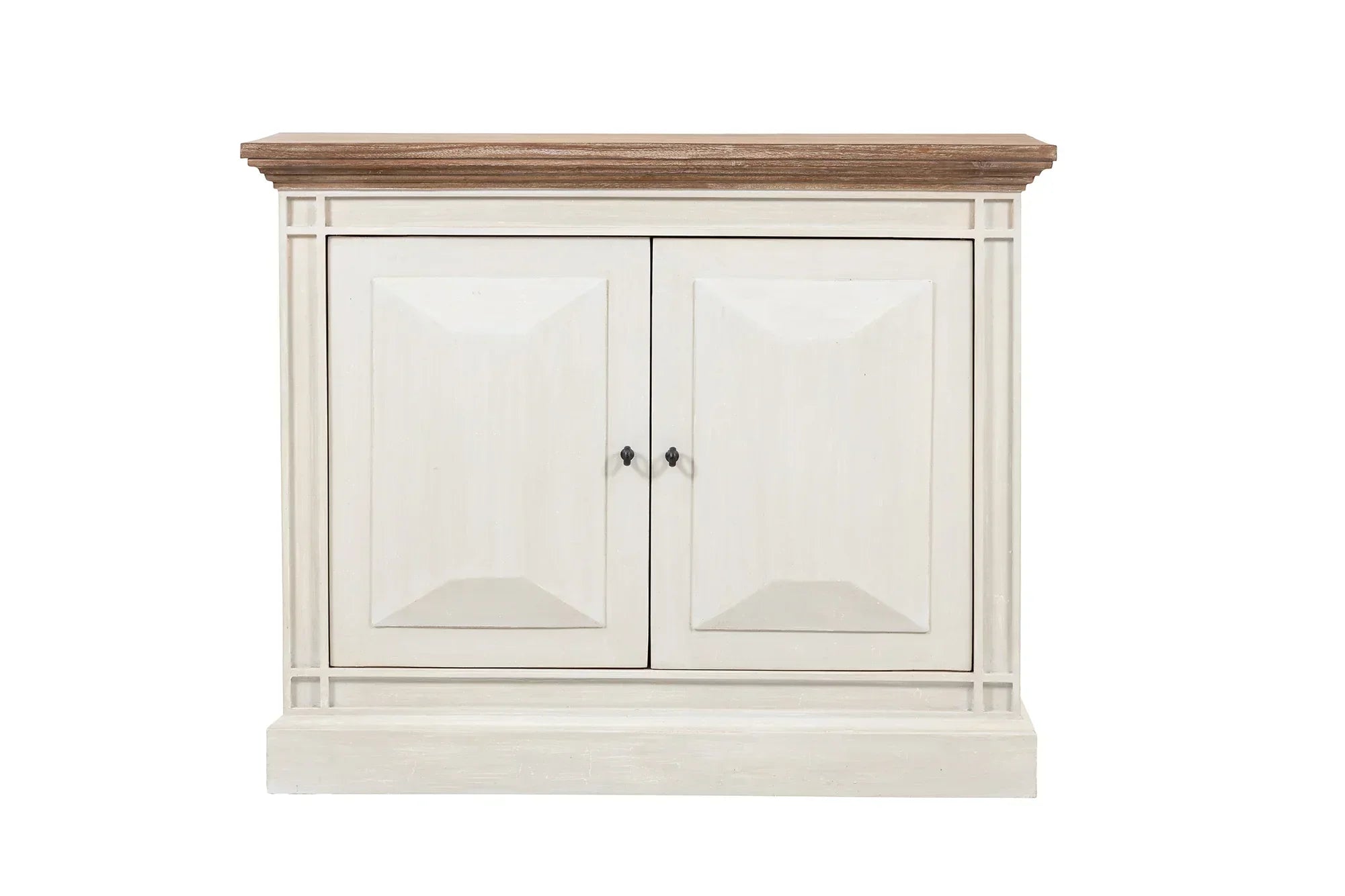 Two door sideboard with light wood top and cream painted finish, front view