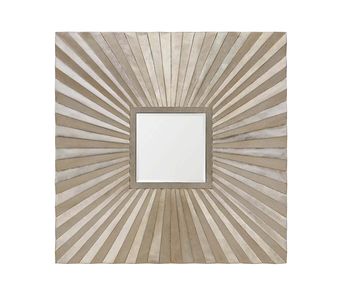Square wall mirror with beige sunburst wooden frame, modern home decor accessory