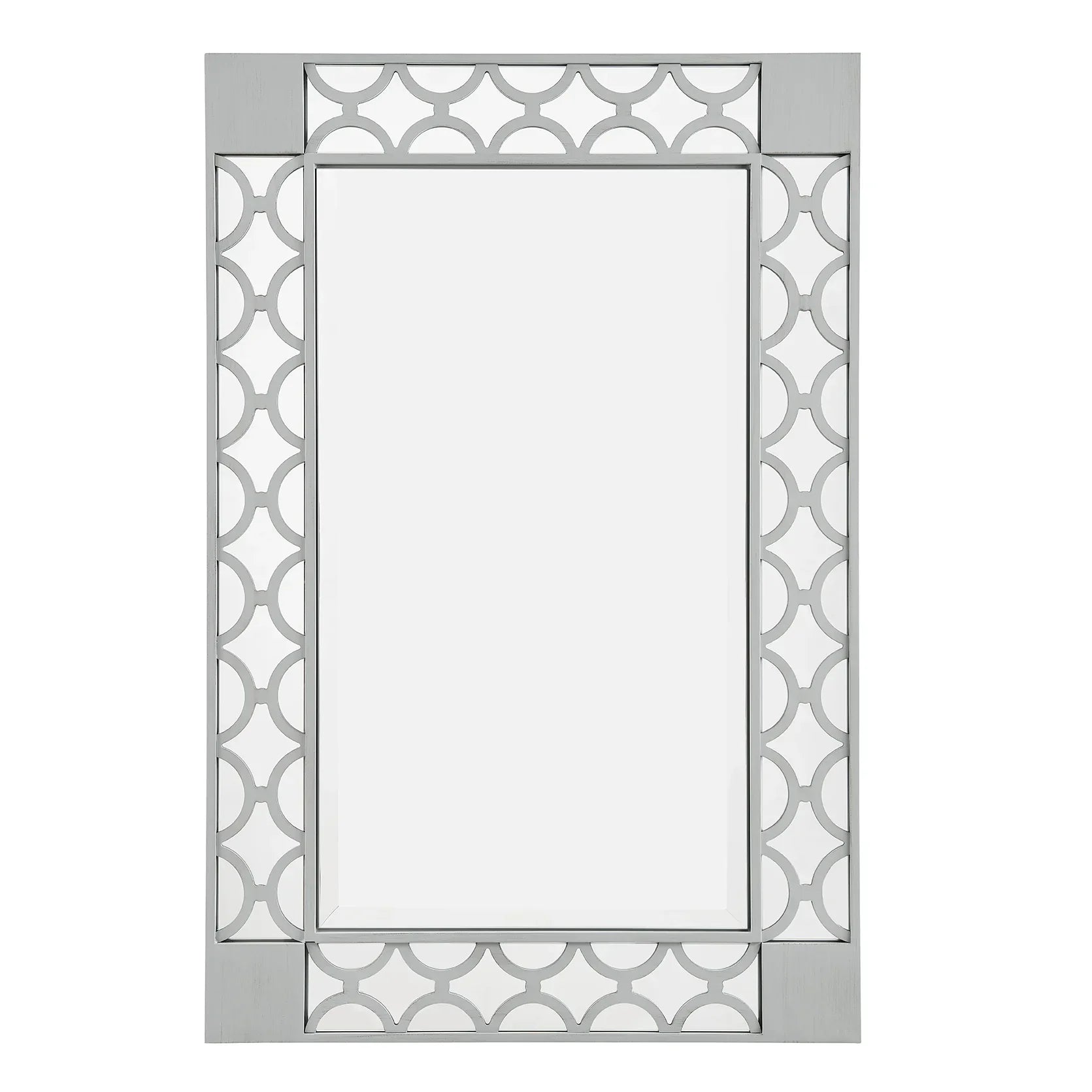 Rectangular wall mirror with geometric silver metal frame and clear glass center