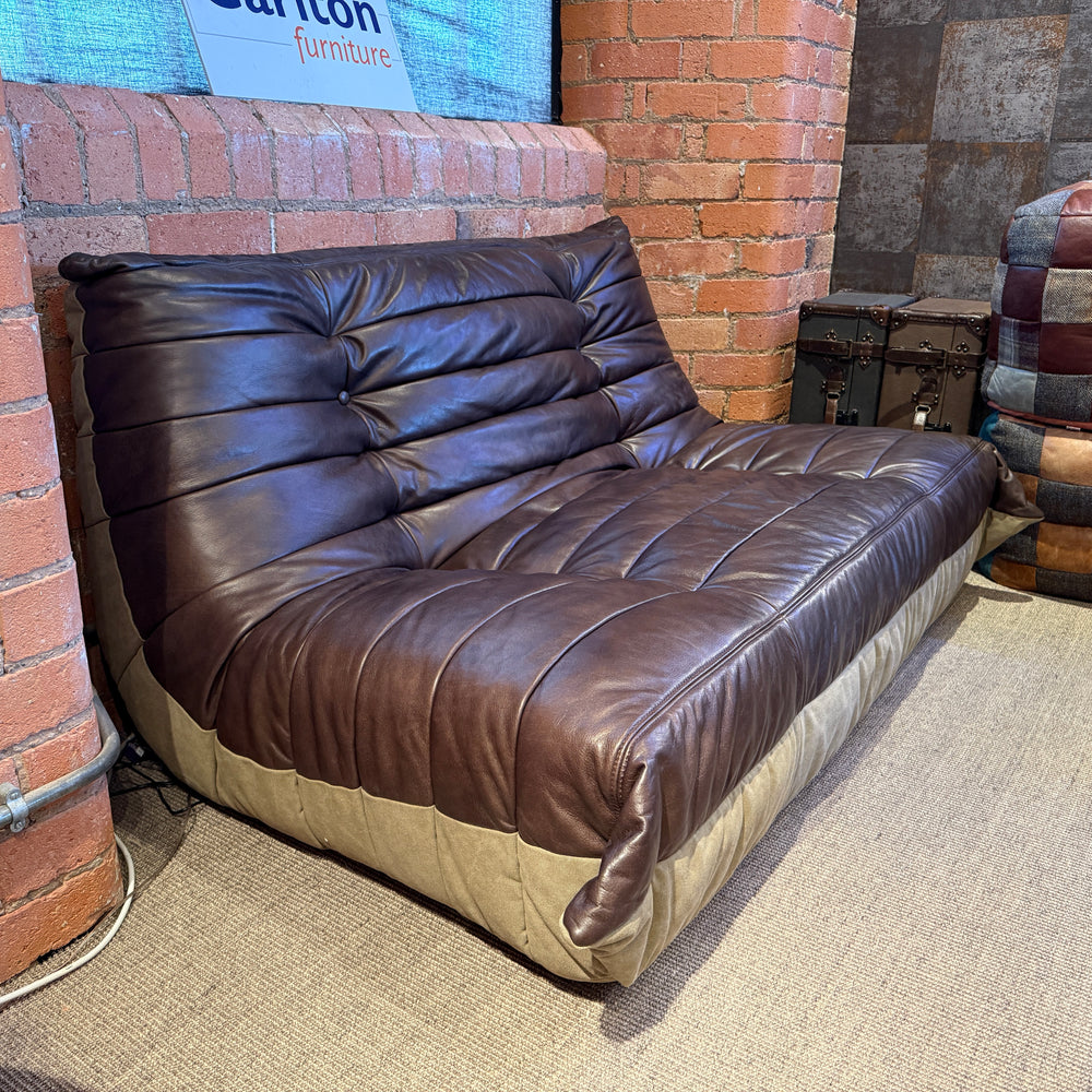 Cushioned Christof Loveseats in Brown Leather and Green Canvas