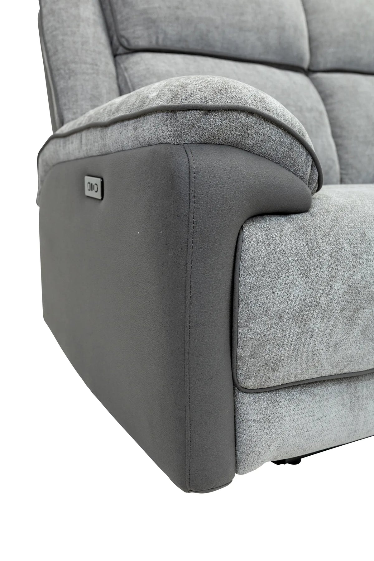 Close-up of a gray upholstered recliner chair showing the armrest, side panel, and part of the seat cushion on a white background.