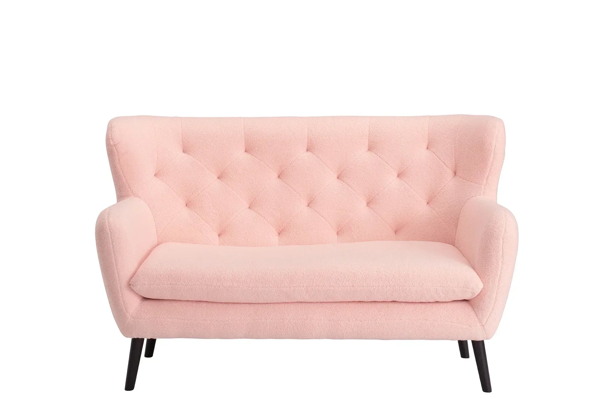 Pink fabric loveseat with tufted backrest and black legs, front view