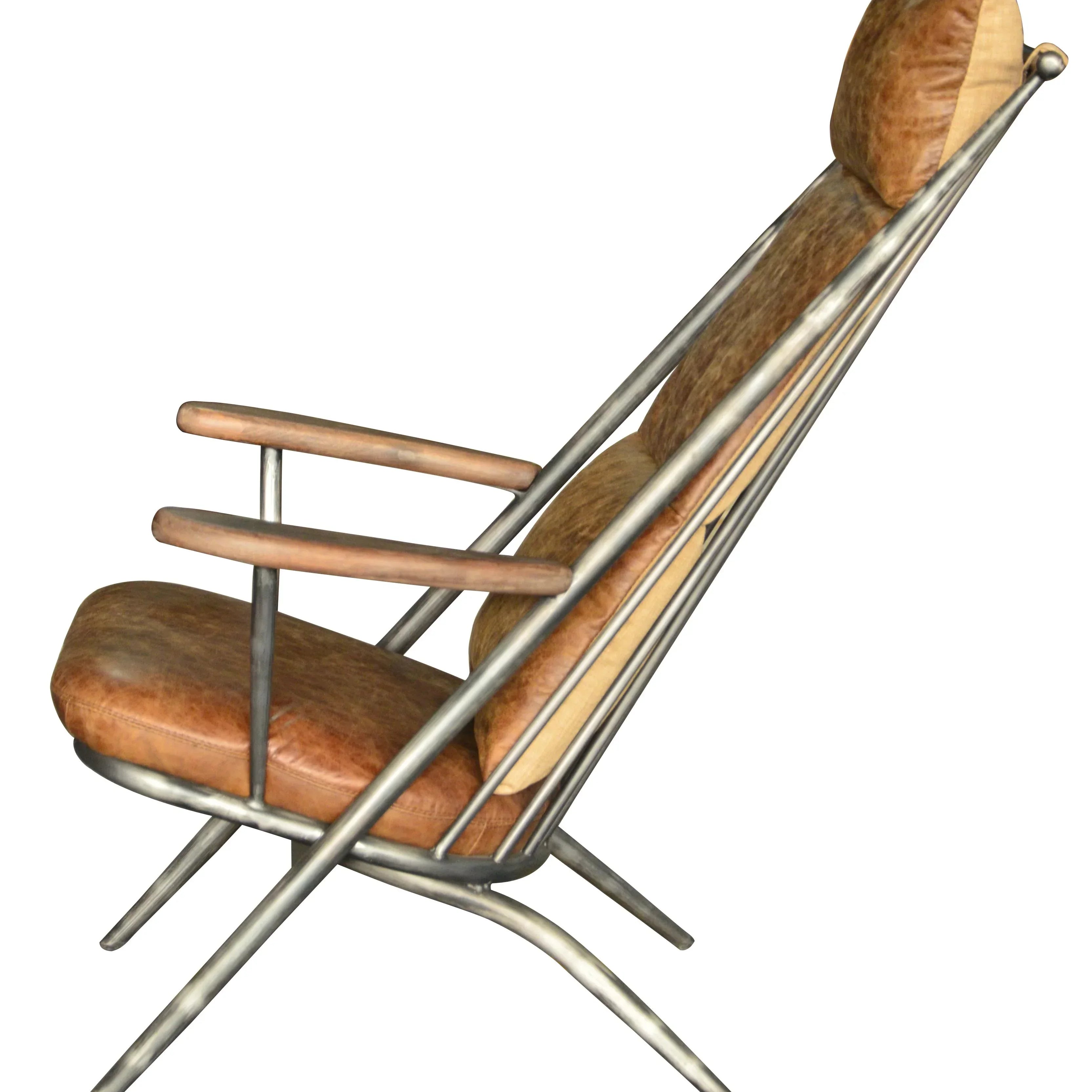 Leather lounge chair with metal frame and angled wooden arms, side profile view