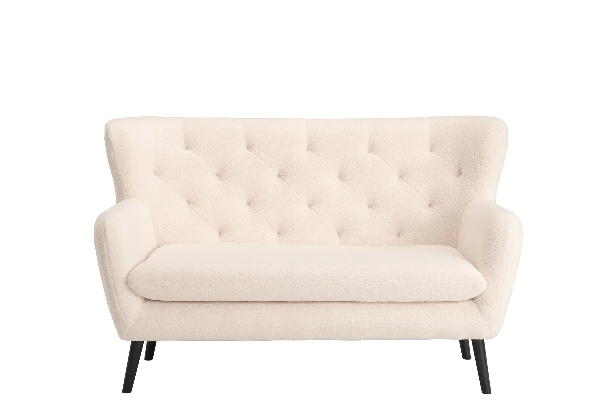 Cream fabric loveseat sofa with tufted backrest and black legs, front view