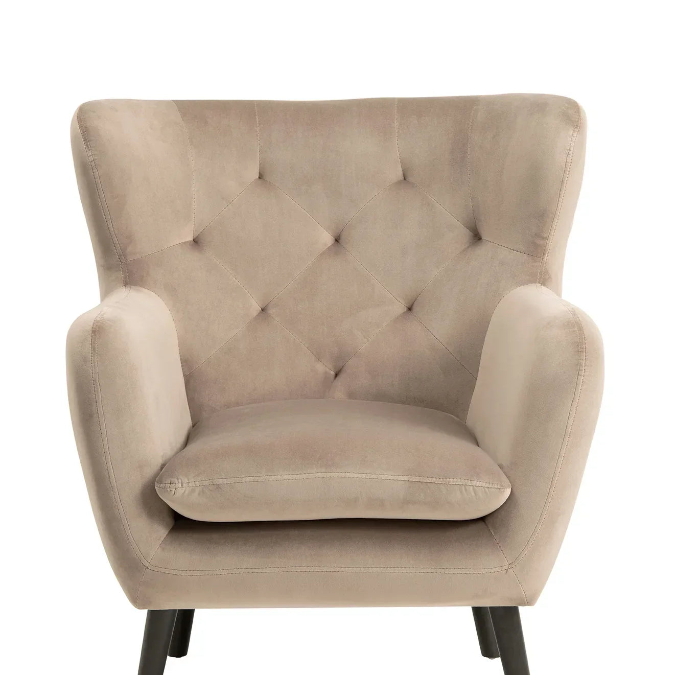 Beige velvet armchair with tufted backrest and angled wooden legs, front view