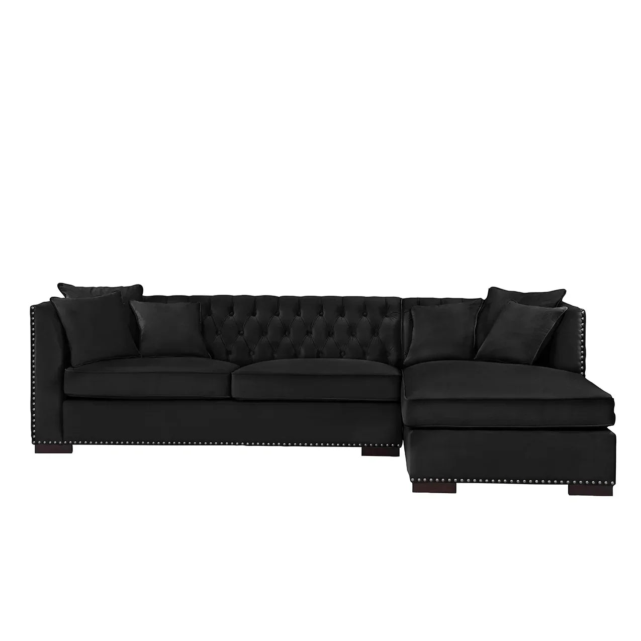 Black velvet corner sofa with stud detail, tufted backrest and right-hand chaise lounge