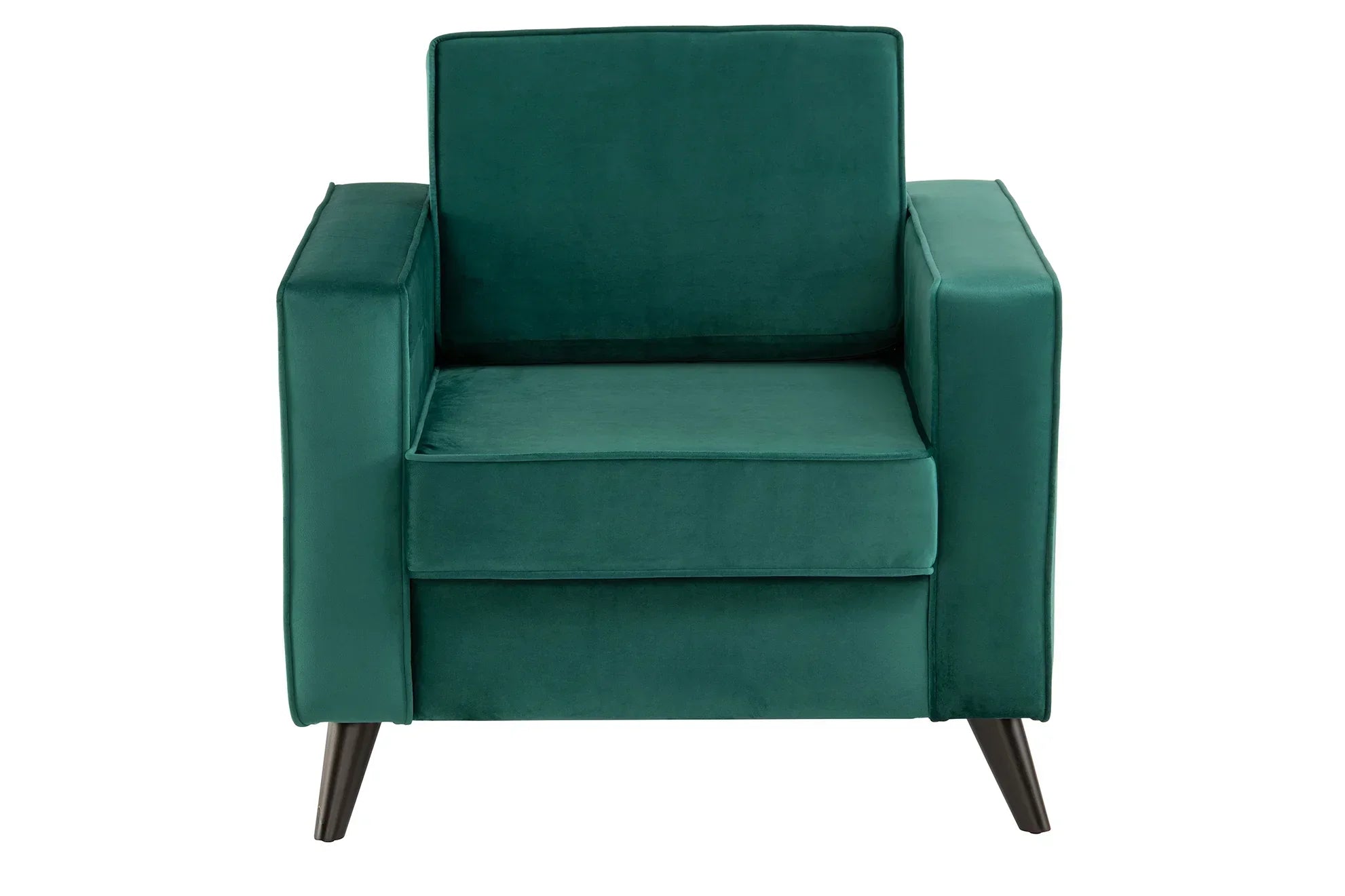 Green velvet armchair with square armrests and tapered wooden legs, front view