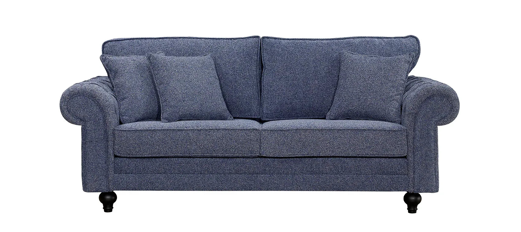 Blue fabric sofa with rolled arms and three matching cushions, front view