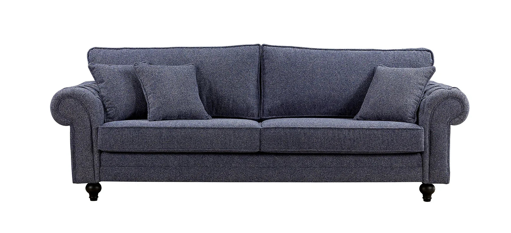 Dark blue fabric sofa with rolled arms, three seat cushions and two matching scatter cushions
