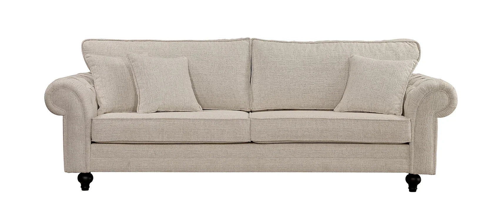 Beige fabric sofa with rolled arms and wooden legs, includes three seat cushions and two pillows